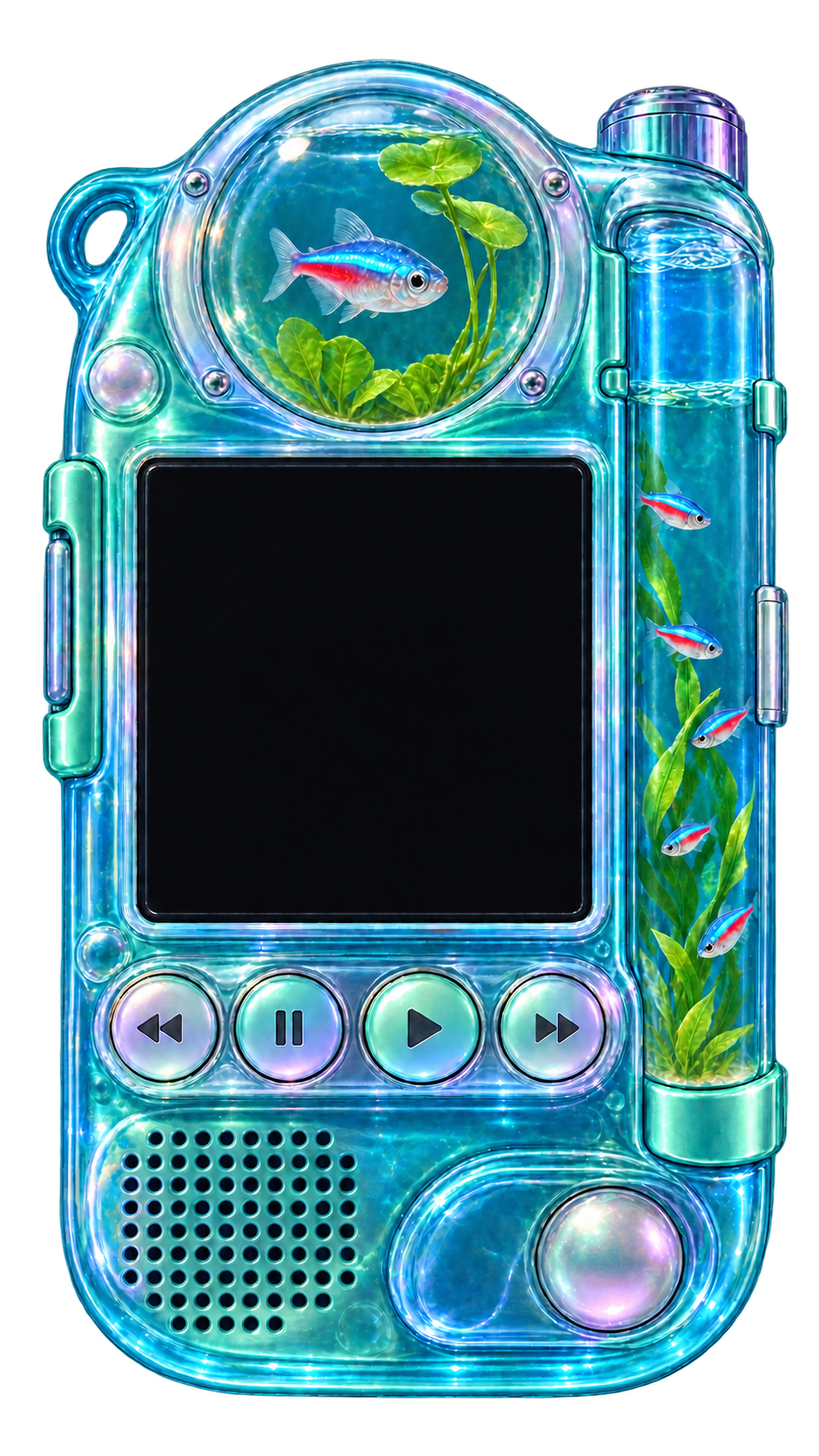 Aquarium-inspired player artwork with fish and bubbles