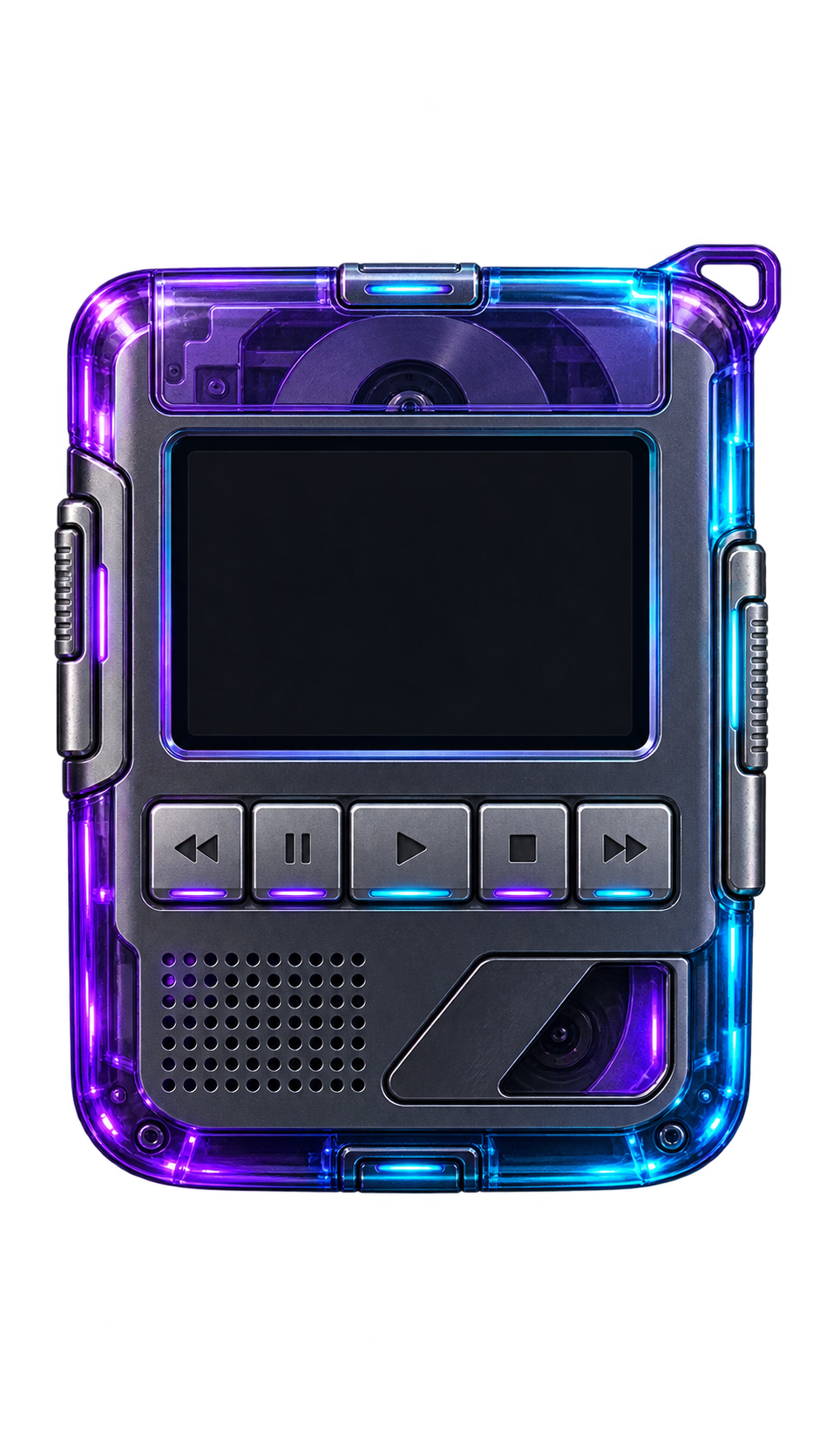 Purple and cyan cassette player artwork