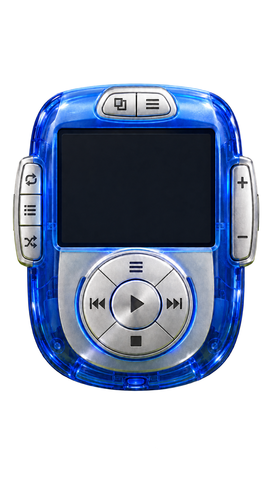 Blue pocket player artwork with a circular control